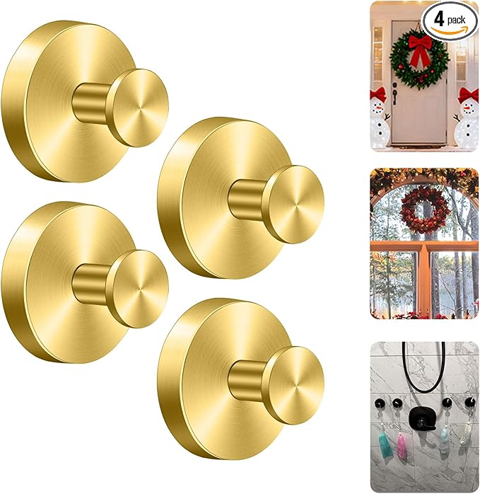 Herda Suction Cup Hooks Heavy Duty Wreath Hangers for Front Door, Stainless Steel Suction Cup Hooks for Shower, Glass, Windows, Walls Waterproof Drill-Free Towel Hooks, Holds Up to 15 Lbs-4 Pack, Gold