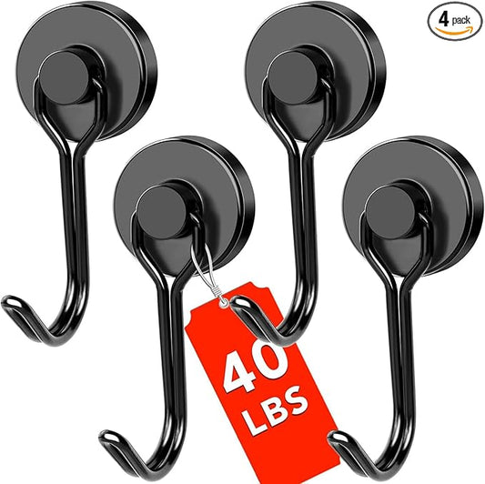 DIYMAG Black Magnetic Hooks, 40LBS Strong Magnetics Heavy Duty, Magnet Hook with Metal Hanger for Hanging Refrigerator Home Kitchen Office, 4Pack