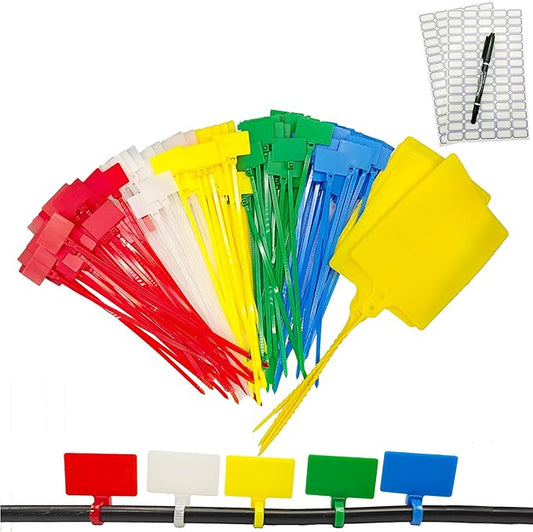 Cable Marker Tie Tags, 154Pcs Self-Locking Zip Tags Write on Label, Nylon Wire Label Multicolor Network Marking (Marker Pen+Sticker 5Colors/6Inch)