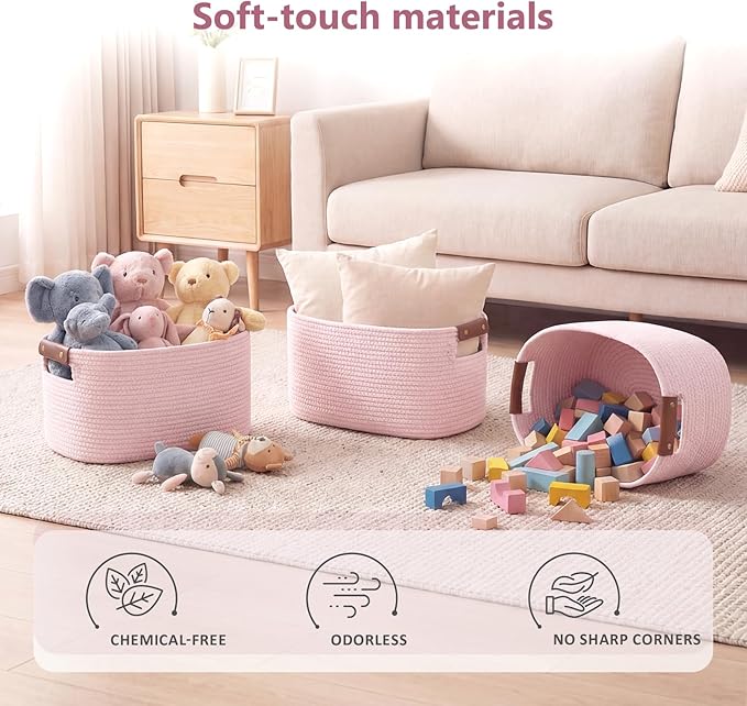 Cotton Rope Basket, Storage Baskets with Handle, 15x10x9 Inch Woven Basket for Shelves, Laundry, Towels, Clothes, Books (Light/Pink 2Pack)