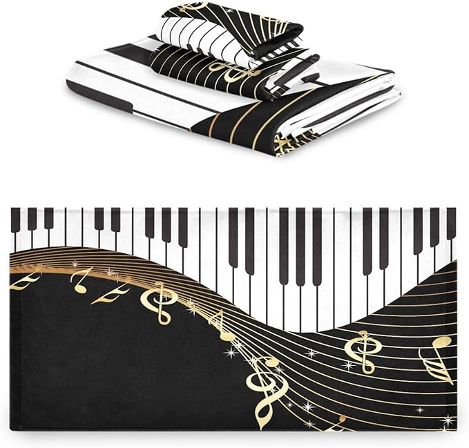 3 Piece Black White Gold Music Theme Bath Towel Set,Microfiber Golden Musical Notes Piano Instrument Decorative Guest Bathroom Towels,1 Bath Towel 1 Hand Towel for Kitchen,1 Washcloth for Face