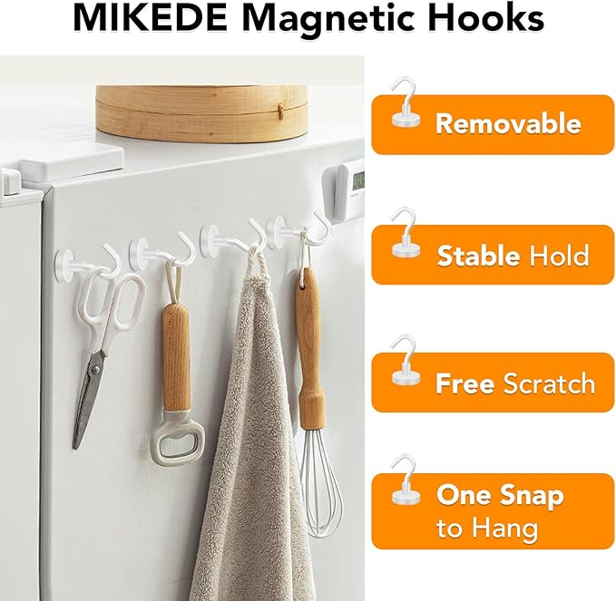 MIKEDE Strong Magnetic Hooks Heavy Duty, 30LB Rare Earth Neodymium Magnets with Hooks for Hanging, Strong Cruise Hooks for Kitchen, Home, Workplace, Office and Garage - (White, 6 Pack)