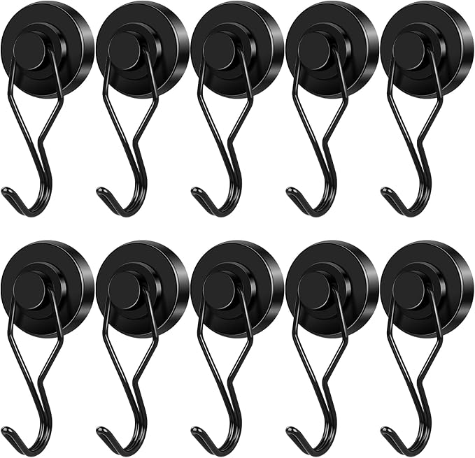 E BAVITE Black Swivel Swing Magnetic Hooks 120LB Refrigerator Magnet Hook 10 Pack Strong Neodymium Magnet Hook for Magnets Surfaces 67.5mm(2.66in) in Length