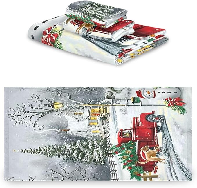 Red Xmas Tree Truck Winter Snowflake Dog Towels Set of 3 Christmas Winter Bathroom Towel Soft Absorbent Bath Hand Towels Washcloth Guest Towel Sets Merry Christmas Xmas Bathroom Decor Gifts