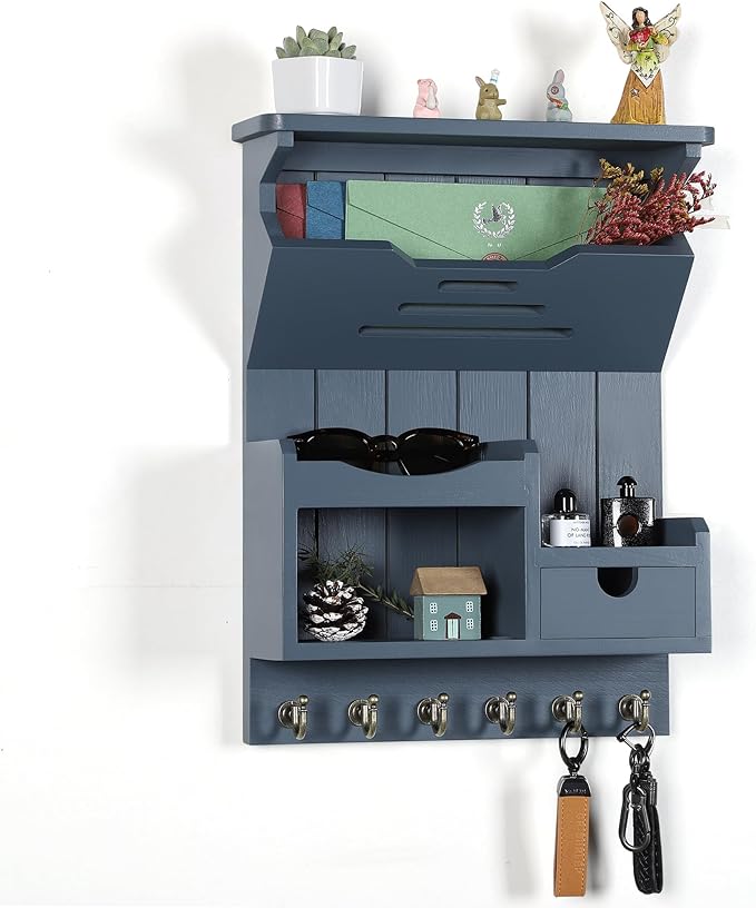 DOPACE Key Holder for Wall, Mail and Key Organizer, Wall Mount with Storage Drawer and 6 Hooks, Modern Style, Grey