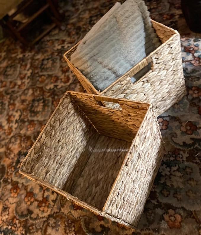 10.5x10.5in Storage Baskets Set of 5 Water Hyacinth Baskets,Foldable Handwoven Storage Cubes,Wicker Cube Baskets Laundry Organizer Totes for Bathroom, Bedroom, Laundry, Pantry, Shelves