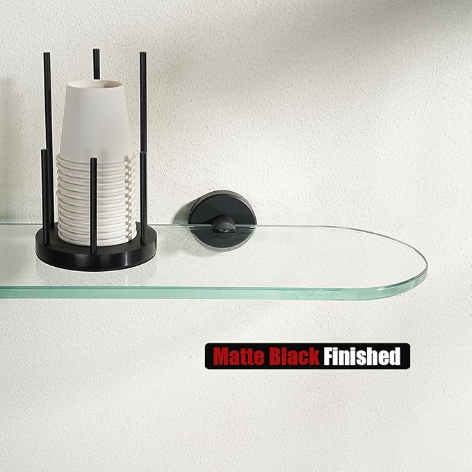 JQK Bathroom Glass Shelf Black, Tempered Glass Shower Storage 16 by 5 inches, 304 Stainless Steel Matte Black Wall Mount, TGS121L16-PB