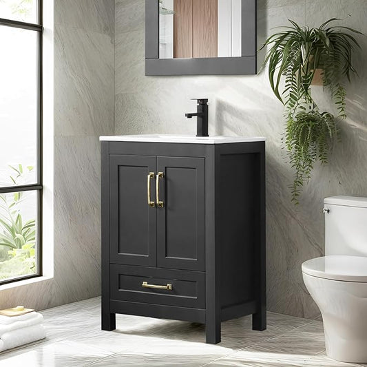 eclife 24" Bathroom Vanities with Sink Combo, Modern Thickened Wood Bathroom Storage Cabinet w/Undermount Sink, Matte Black Faucet Drain, Painted Surface, Black