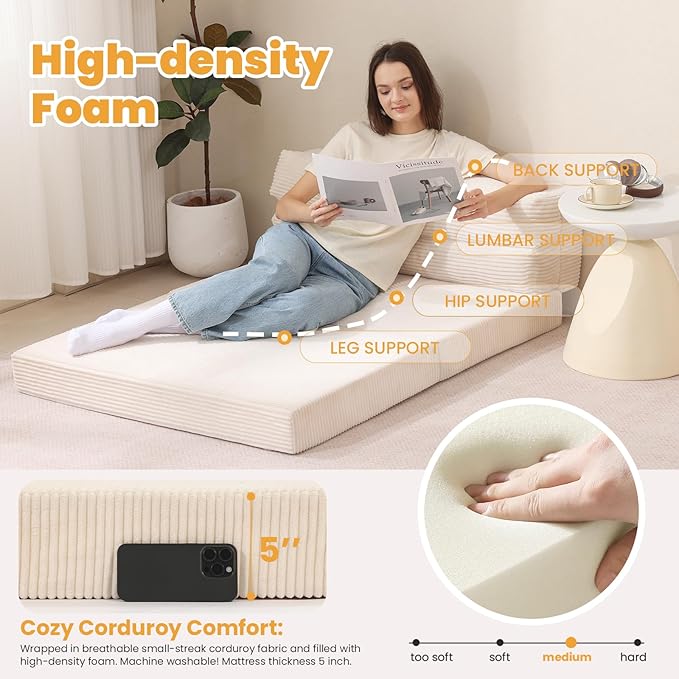 Folding Mattress Full Size, 3 in 1 Convertible Sofa Bed Fold Out Couch Bed Floor Couch Lounge Sleeper Mattress for Living Room, Guest Room, High-Density Memory Foam 5'' Thickness, Beige, Corduroy