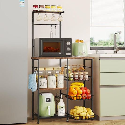 SWTYMIKI Bakers Rack with Storage - Coffee Bar Cabinet with Shelves, Coffee Station Organizer and Kitchen Stand with 8 Hooks, Baskets, Adjustable Feet for Kitchen Dining Room Pantry, Espresso