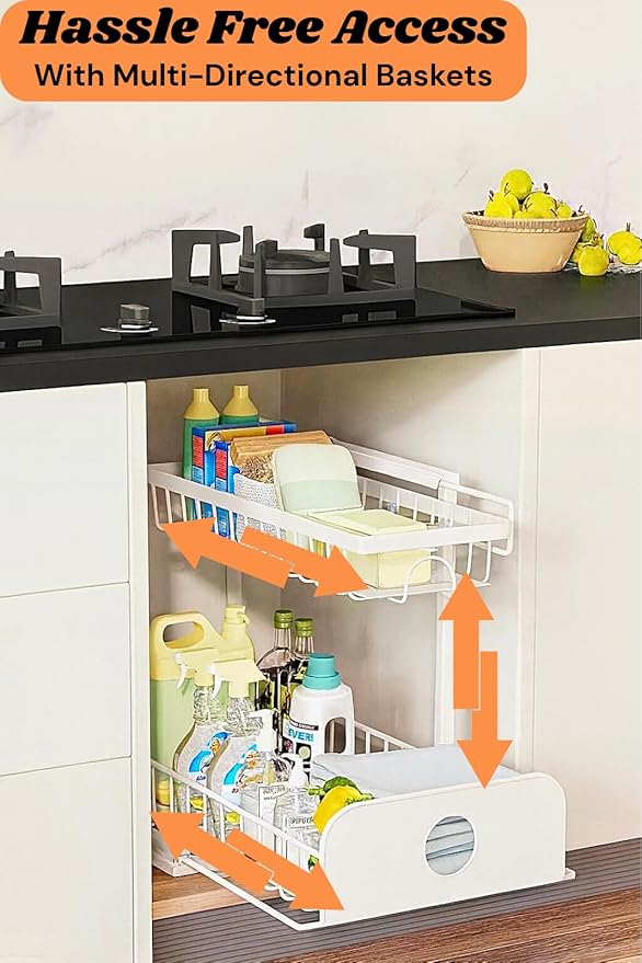 Under Sink Organizer, 2 Tier Pull Out Cabinet Organizer, Adjustable Height, Slide Out Storage Shelf, Sliding Drawers, Under Sink Storage for Kitchen Bathroom Laundry Room Cabinet, White, 2 Pack