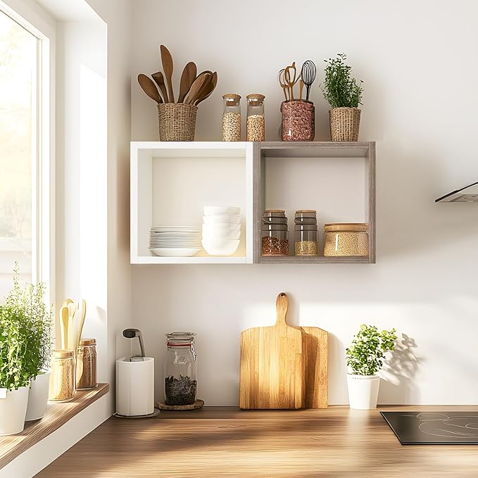 Kaboon Cube Floating Shelves Set2, Display Shelves Wall Mount 7.75" D x 12.5" W x 12.5" H, (Eucalyptus, Square 2 Cubes)