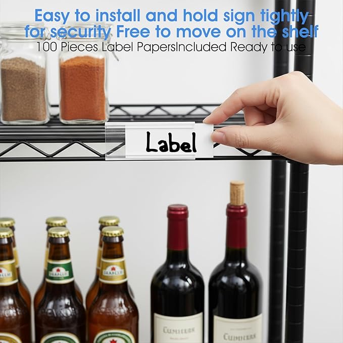 100 Pcs Wire Shelf Label Holders Wire Shelf Label Holder with Labels Paper Inserts for Shelving Clips with Paper Inserts Metro shelfs Clips,Compatible with 1-1/4 Inch Shelves