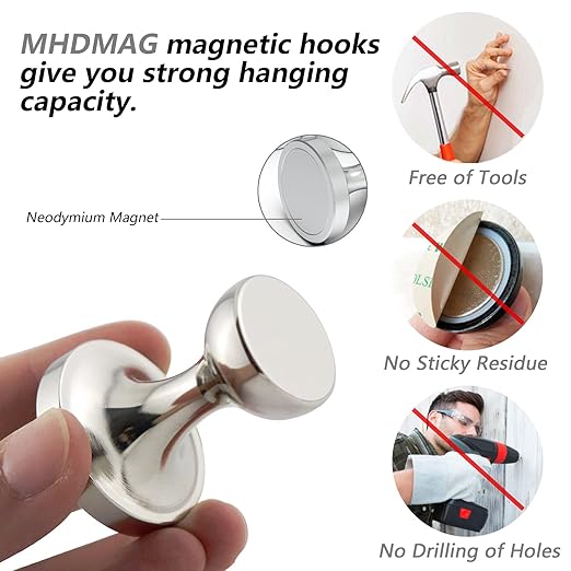 Coat Magnetic Hooks Heavy Duty Magnet Hanger, Magnet Hooks with Rare Earth Neodymium for Home, Office, Workplace or Traveling. Pack of 2.