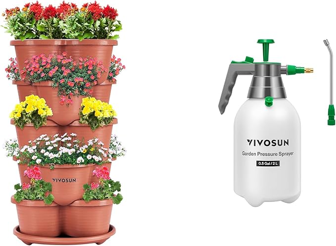 5 Tier Vertical Gardening Stackable Planter and 0.5Gal Handheld Garden Sprayer, 2L Pump Sprayer, 68 Oz Water Spray Bottle with Safety Valve, Adjustable Nozzle, Extended Spray