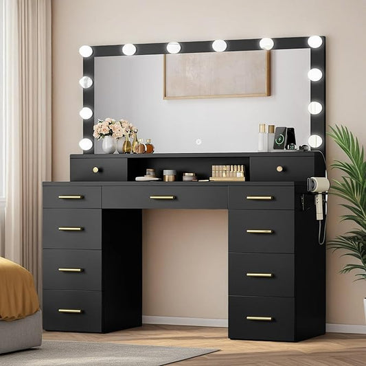 YITAHOME Large Vanity Desk with Mirror and Lights, Big Makeup Vanity with Power Outlets & 11 Drawers, 3 Lighting Modes Adjustable Bedroom Dressing Table for Bedroom, Dressing Room, Black