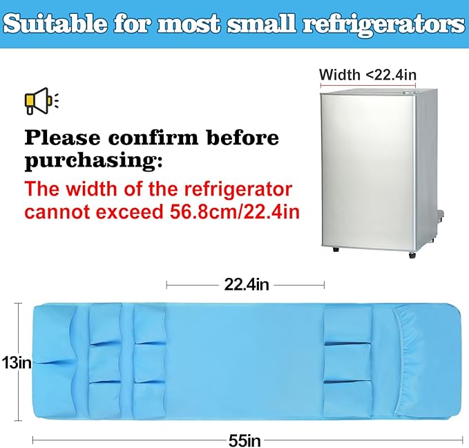 Extended Mini Fridge Caddy Organizer - 55" x 13" Back to School Dorm and Office Over the Fridge Storage Organizer with 12 Pockets for Flatware Drink Paper Goods, College Must Have, Blue