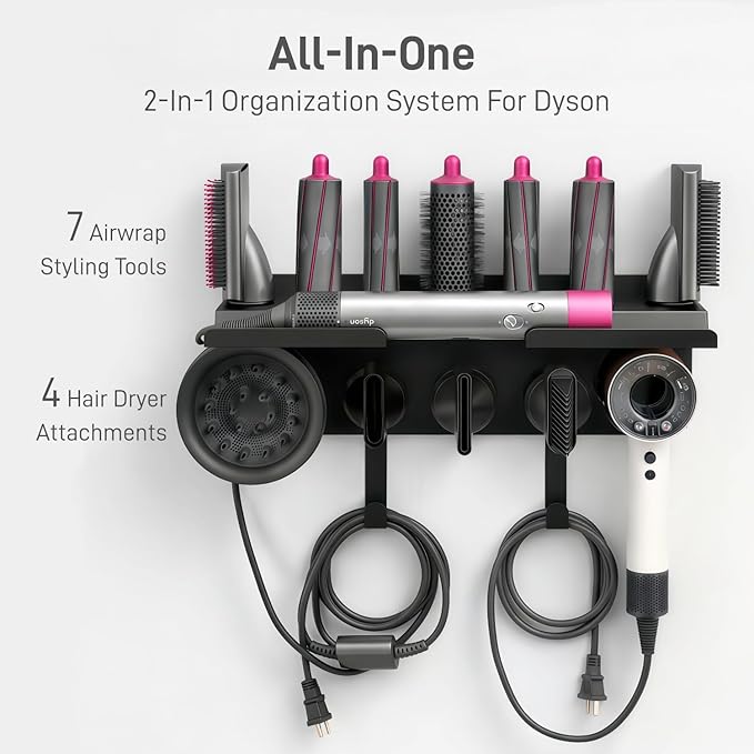 Dyson Airwrap Holder, Dyson Hair Dryer Wall Mount & Dyson Airwrap Organizer 2-in-1 Stainless Steel Storage for Airwrap & Hair Dryer Accessories, Space Saving Bathroom Vanity Dyson Shelf