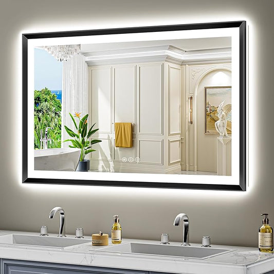 51x32 Black Framed LED Bathroom Mirror with Lights, Backlit and Front Light, Lighted Bathroom Vanity Mirror for Wall Dimmable Anti-Fog Memory Tempered Glass Horizontal/Vertical