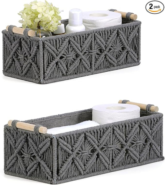 Nonam Macrame Storage Baskets, Boho Decor Style Woven Storage Boxes for Home Organization, Toilet Tank Shelf Cabinet Organizer Baskets,Set of 2,Grey
