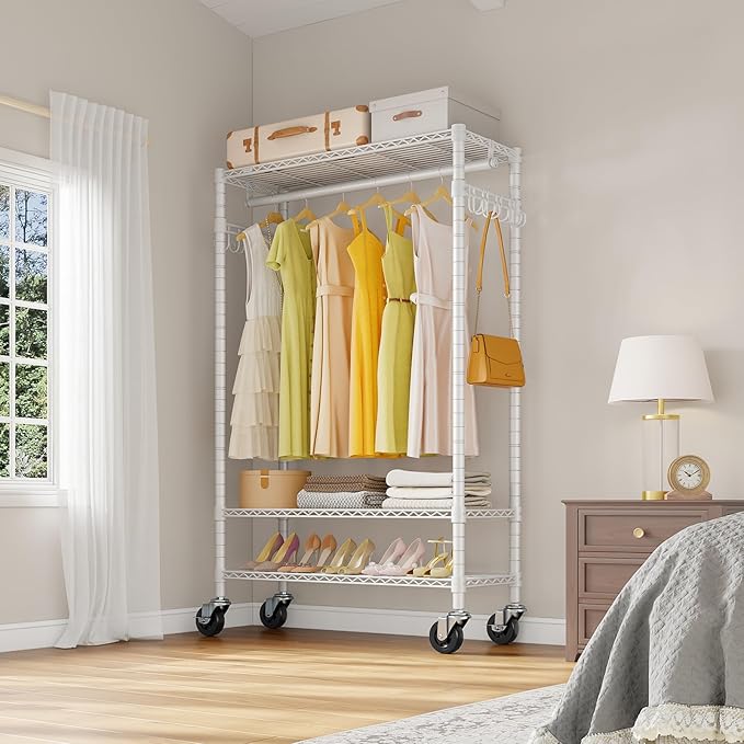 VIPEK R3 Rolling Clothing Rack Heavy Duty Garment Rack for Hanging Clothes, Portable Closet Wardrobe with Wheels and Side Hooks, Adjustable Freestanding Metal Clothes Rack with Shelves, White