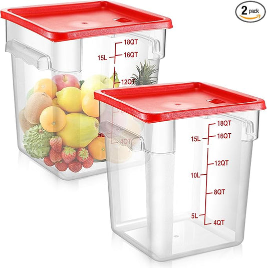 Suclain 2 Pcs Square Food Storage Container Polycarbonate Clear Food Container with Lid Commercial Rice Storage with Graduations for Commercial Kitchen(18 Qt,Red)