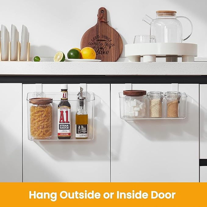vacane 2 Pack Plastic Over Cabinet Door Organizer with Removable Hooks, Clear Hanging Baskets for Organizing Over the Cabinet Organizer Holder for Kitchen, Bathroom-Hang Outside or Inside Door-M