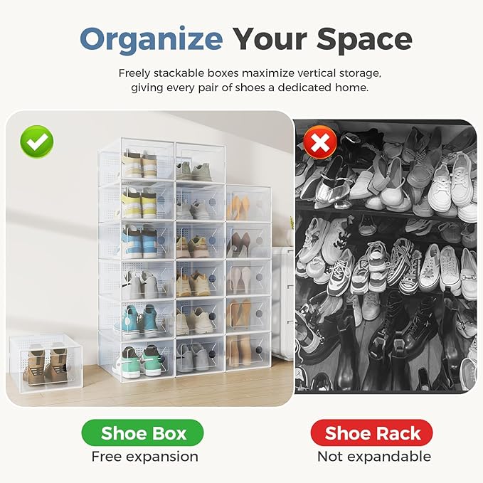 DUMOS 12-Pack Shoe Storage Boxes, Clear Shoe Containers with Lids, Stackable Sneaker Case Organizer for Closet, Under Bed, Entryway,White (Fit Size 9)