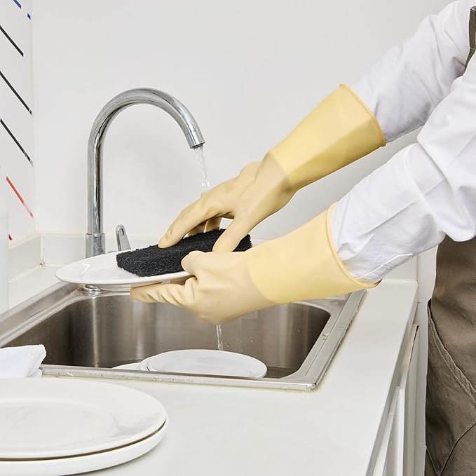 Clean Tek Professional 22 Mil Small Cleaning Gloves, 1 Pair Of Long Cuff Gloves - No-Slip Grip, No-Powder, Yellow Latex Gloves For Kitchen Cleaning, Ideal For Washing Dishes