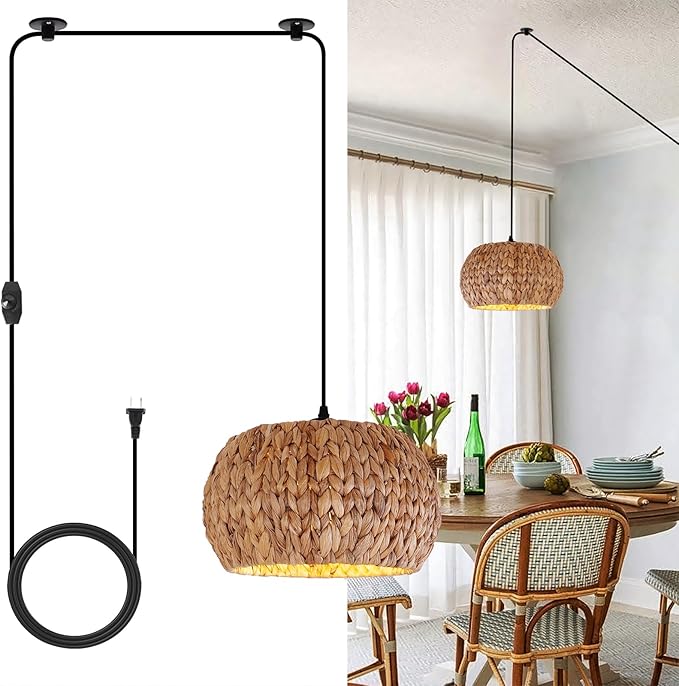HuisMier Rattan Plug in Pendant Light Boho Hanging Lights with 15 Ft Plug in Cord & Dimmable Switch, Hand Woven Lampshade Boho Hanging Lamp for Kitchen Island Dining Room Bedroom