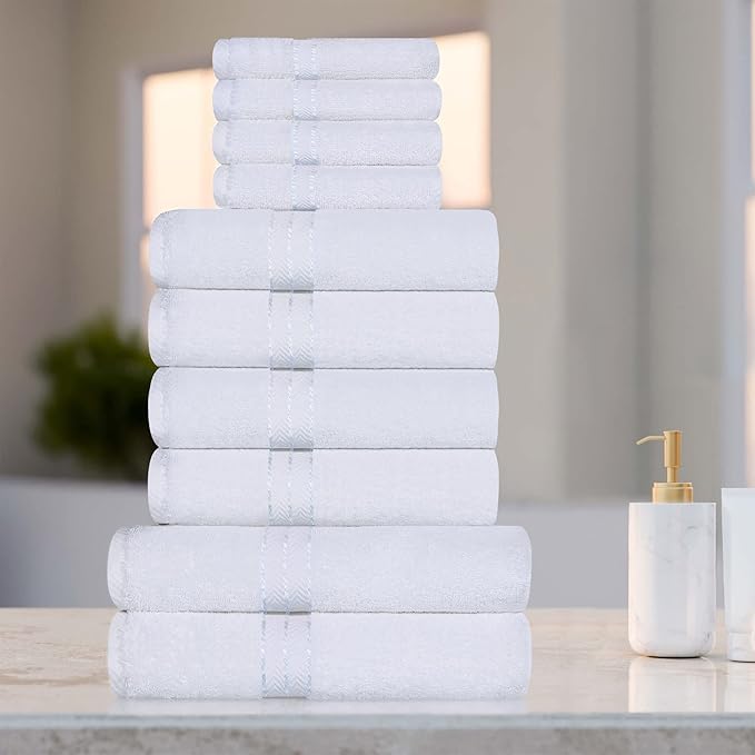 Superior Hotel Turkish Cotton 10 Piece Towel Set, Ultra Plush Spa Quality Heavyweight Essentials for Bathroom, Thick Absorbent and Soft, Dobby Border, Includes 2 Bath 4 Hand 4 Washcloths, White