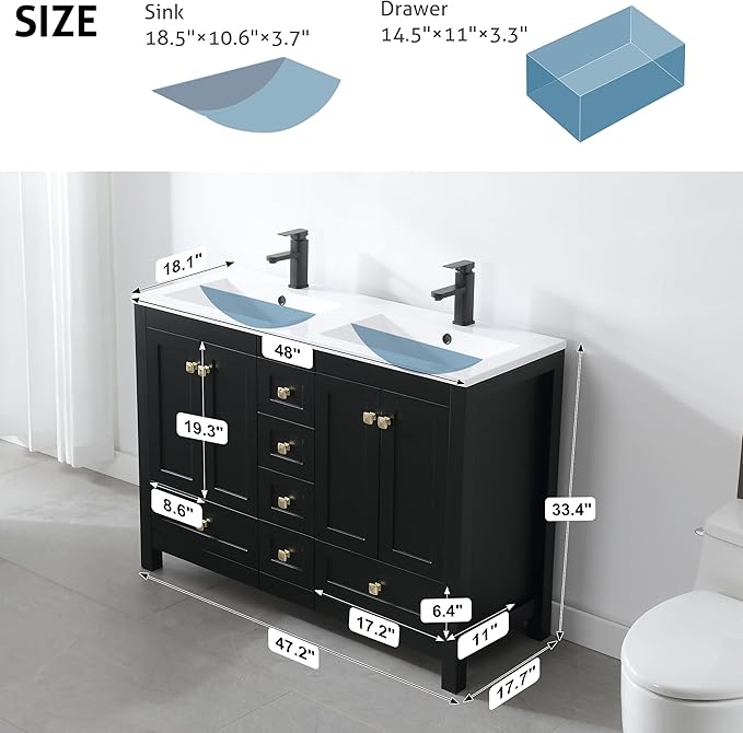 eclife 48" Bathroom Vanities with Sink Combo, Modern Thickened Wood Bathroom Storage Cabinet w/Undermount Double Sink, Matte Black Faucet Drain, Painted Surface, Black