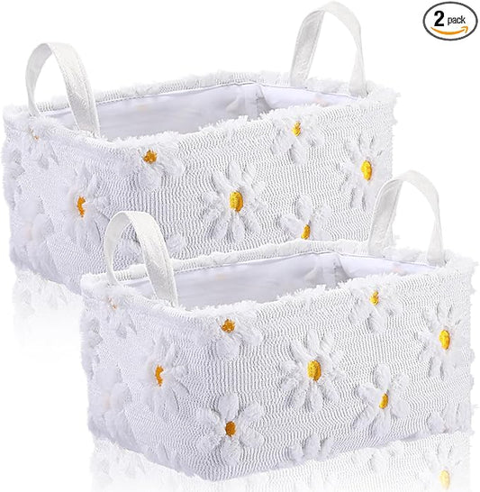 2 Pcs White Daisy Storage Baskets 14x10 Inch Easter Gift Basket Spring Floral Laundry Foldable Fluffy Plush Storage Bin with Handle Decorative Closet Organizer for Home Office Car