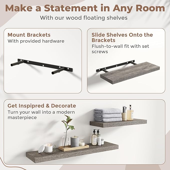 8 Inch Square Floating Shelves for Wall 3 Pack, 8"D Wood Grain Bathroom Shelves with Invisible Brackets, Easy Install Engineered Wood Storage Shelves for Kitchen, Living Room, Bedroom, Grey Oak Finish