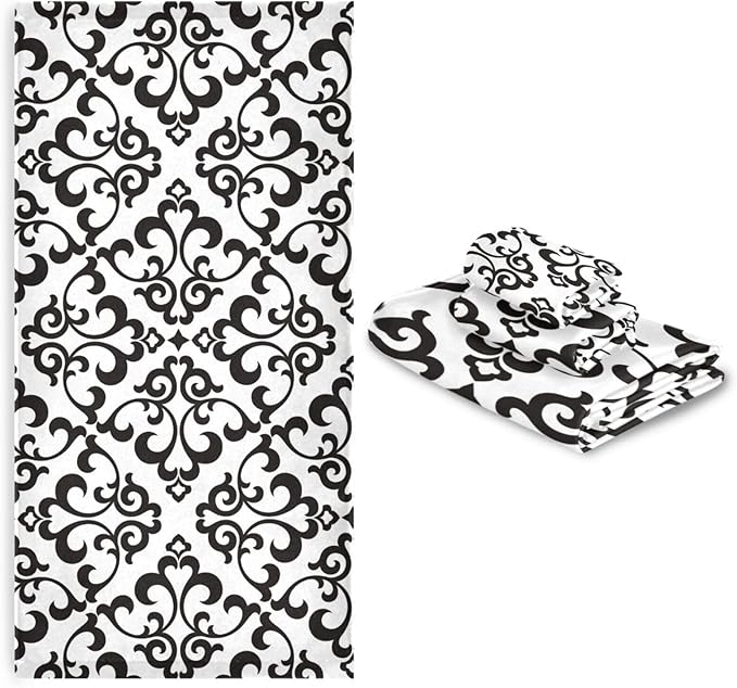 3 Piece White Black Damask Pattern Bath Towel Set,Microfiber Decorative Damask Floral Modern Abstract Bathroom Towels,1 Bath Towel 1 Hand Towel for Bathroom Kitchen,1 Washcloth for Body Face