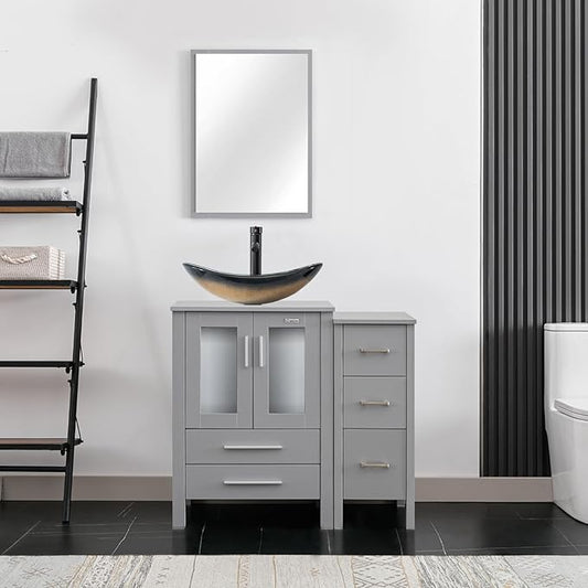 eclife 36" Modern Bathroom Vanity Sink Combo Freestanding Cabinet with Small Side Cabinet, Champagne Boat Glass Vessel Sink, Water Save Faucet, Drain (Gray+A29CH)