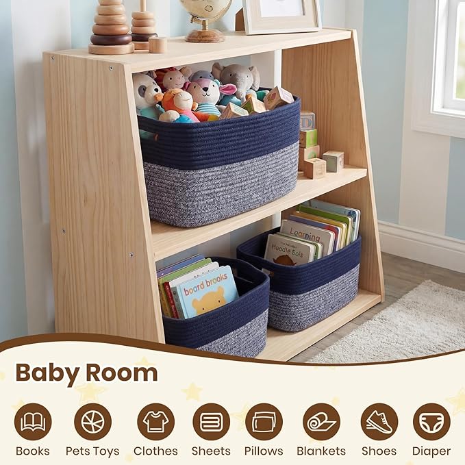 Storage Baskets for Organizing, 14 x 10 x 9” Closet Shelf Woven Baskets, Square Bins with Handles, Cotton Rope Basket for Toys, Clothes, Office, Room, Grey+Blue 1 Pack