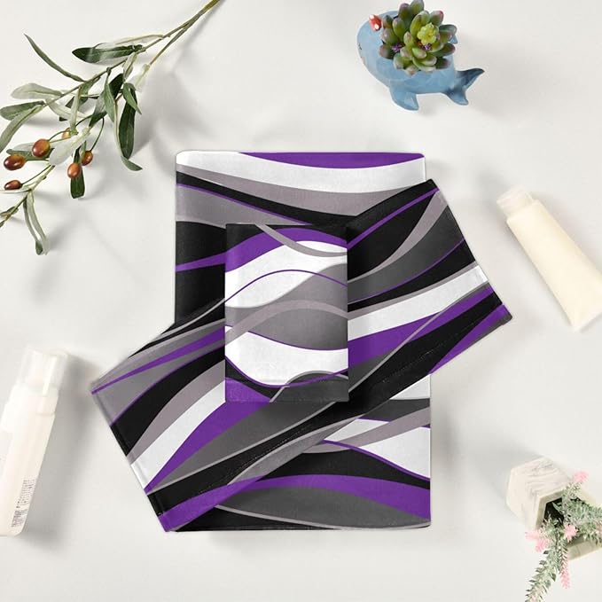 3 Piece Purple Grey Bath Towels Set,Microfiber Absorbent Black White Gray Striped Modern Abstract Towels for Bathroom,1 Bath Towel,1 Hand Towel,1 Washcloth,Purple Decorative Bathroom Towels