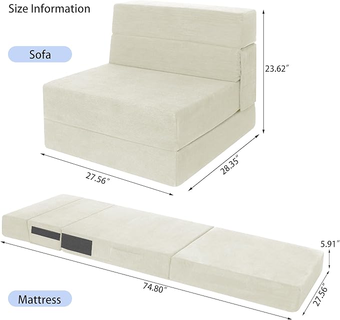 Sofa Bed Foldable Mattress ，Folding Sleeper Sofa Chair Bed Floor Mattress with Pillow for Living Room Home Office (Off White- Corduroy, Single)
