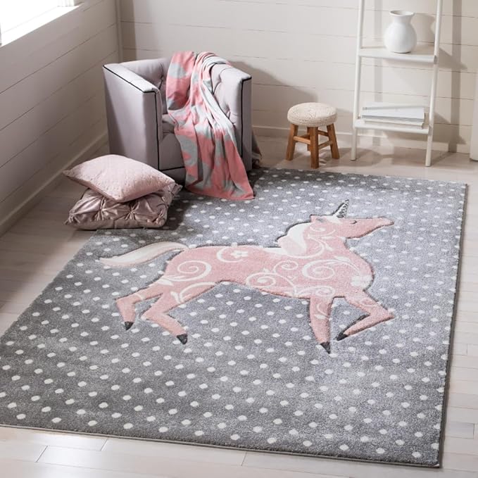 SAFAVIEH Carousel Kids Collection Area Rug - 6'7" x 9', Grey & Ivory & Pink, Non-Shedding & Easy Care, Ideal for High Traffic Areas for Boys & Girls in Playroom, Nursery, Bedroom (CRK163G)