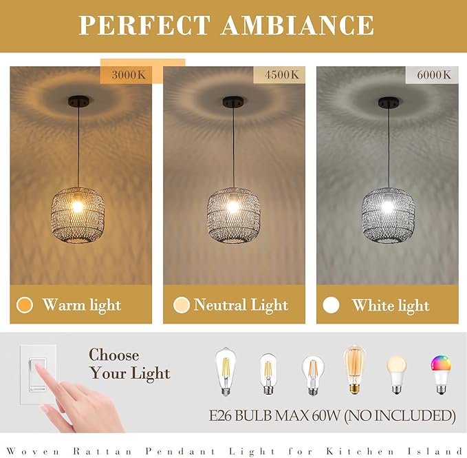 Black Rattan Pendant Light, 11in Rattan Chandelier Hand-Woven Wicker Hanging Lighting Fixtures Boho Pendants Lights for Kitchen Island Dining Room Bedroom Foyer Entrance