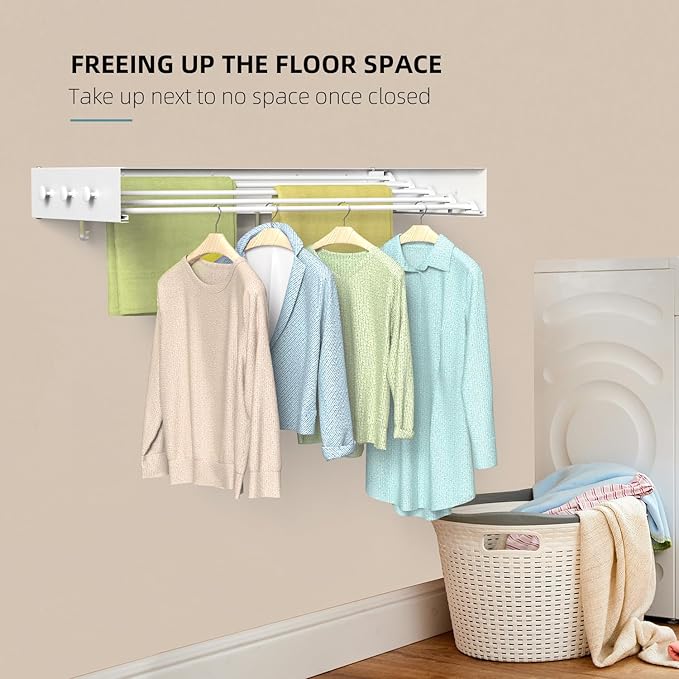 Drying Rack Clothing,Clothes Drying Rack Wall Mounted,Laundry Drying Rack Wall Mount,Foldable,Collapsible,60 lb Capacity 5 Aluminium Poles with 12 Hooks,Space Saving Clothes Drying Rack,White 40"