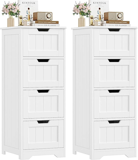 FOTOSOK Bathroom Storage Cabinet, Set of 2, Bathroom Cabinet with 4 Drawers, 11.8” x 11.8” x 32.5” Freestanding Entryway Cupboard Storage Organizer Unit Home Furniture Decor, White
