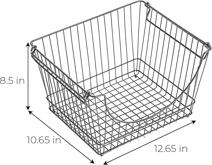 Smart Design Stacking Baskets with Handles - Set of 2 Large - Steel Metal Wire - Fruit Produce and Vegetable Safe Storage Bin Organizer - Pantry Counter Stand Rack - 12.5 x 8.5 Inch - Gunmetal