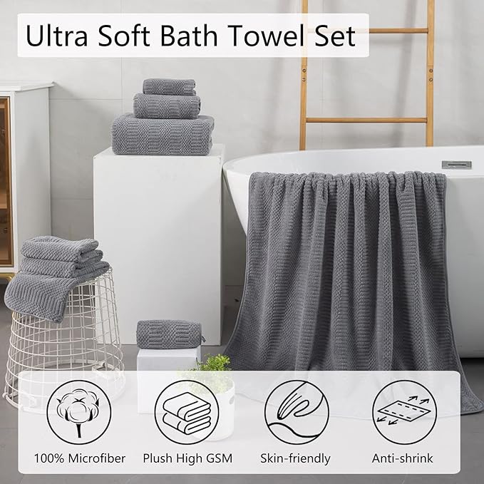 Oliven 4 Piece Large Bath Towel Set 35"x70" Gray Extra Large Bath Sheets Oversized Jumbo Towels 600GSM Soft Highly Absorbent Quick Dry Beach Chair Towel Woven Towels for Bathroom Hotel and Spa