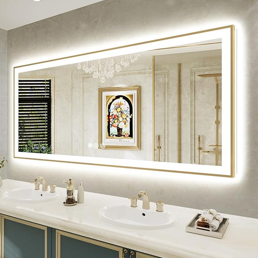 72x32 Inch LED Bathroom Mirror with Lights (Front Lit and Backlit) Gold Framed Lighted Vanity Mirror for Bathroom Wall Dimmable Anti-Fog Memory Tempered Glass Horizontal/Vertical