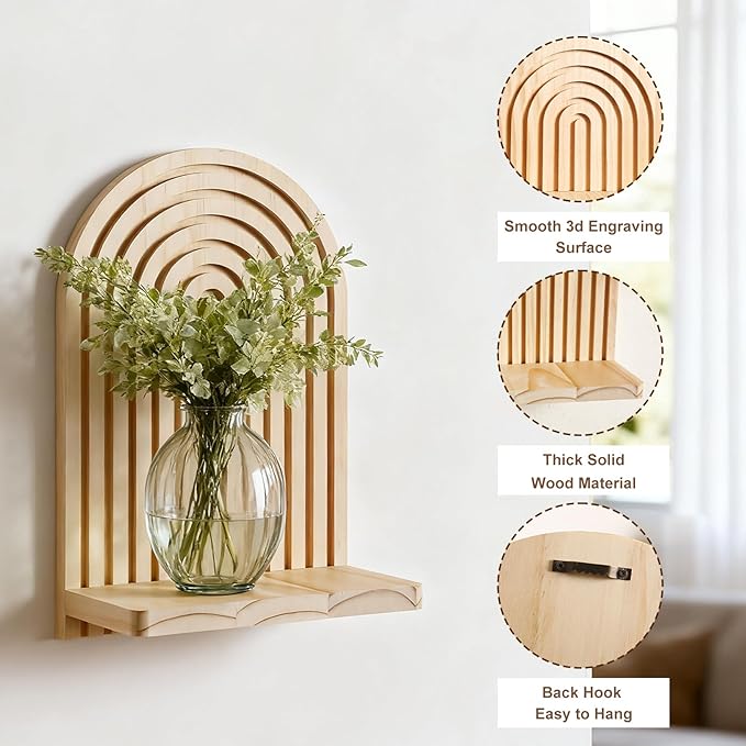 2 Pack Boho Wood Wall Hanging Shelf - Handmade Rainbow Arch Floating Shelves Trinket Storage Rack Modern Wall Decor for Bedroom Living Room Nursery Bathroom