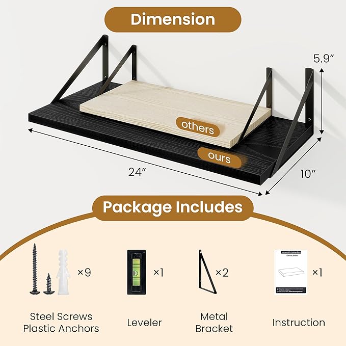 Deep Floating Shelves,24" Wx10 D Floating Shelf for Wall Set of 2,Hanging Storage Shelf with Metal Brackets,Wide Display Wall Shelves for Living Room,Bedroom,Bathroom,Kitchen,Black