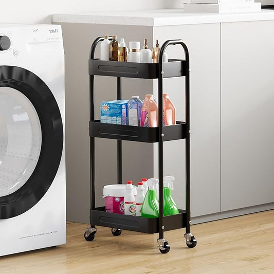 3 Tier Slim Metal Rolling Storage Cart for Laundry Room & Kitchen Organizer, 7.1'' Thin Standing Shelf for Narrow Spaces, Utility Cart with Wheels & Lockable Casters for Bathroom, Black