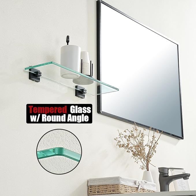 JQK Bathroom Glass Shelf Black, Tempered Glass Shower Storage 20 by 5 inches, 304 Stainless Steel Matte Black Wall Mount, TGS201L20-PB
